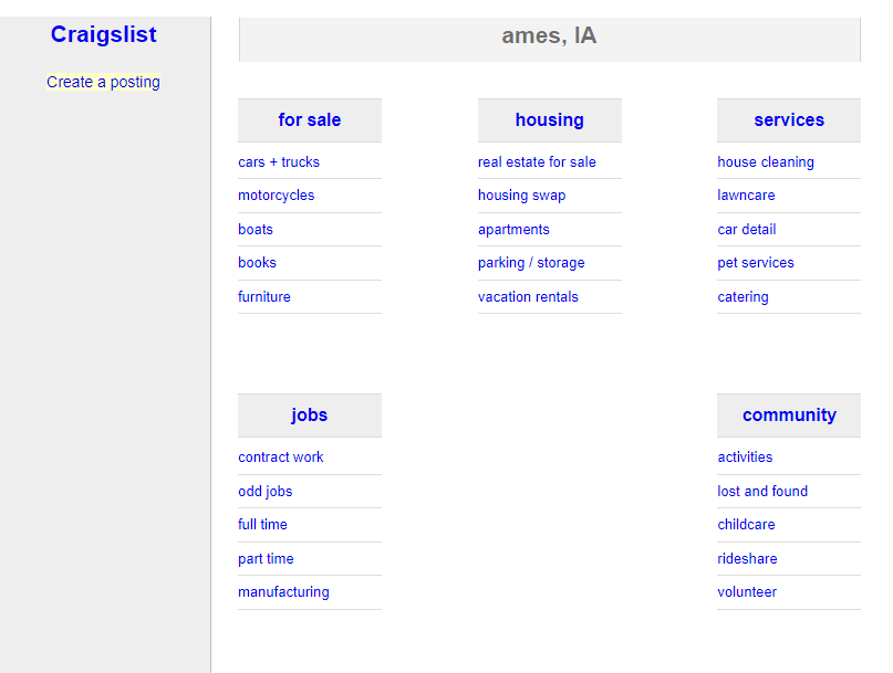 Screenshot of a webpage. It says craigslist and has a bunch of different links that lead to different categories, like for sale, housing, etc. A well made clone